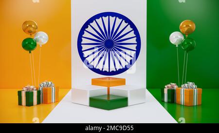 Leeres dreifarbiges Podium für Produktpräsentation beim Indian republic Day Festival 3D Illustration, Produktphase für Werbung oder Post in sozialen Medien Stockfoto