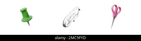 3D Stift rendern, befestigen, Schere Symbol auf weißem Hintergrund. 3D-Rendering-Stift, Befestigung, Schere Symbolsatz. Stockfoto