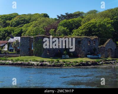 Die Ruinen des Steinkornlagers am Ufer der Clonakilty Bay an einem Frühlingstag. Irische Landschaft. Die Ruinen von Arundel Grain Store in der Nähe von Clonakilty. Stockfoto