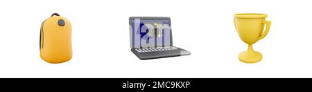 3D Render-Tasche, Laptop, Auszeichnung auf weißem Hintergrund. 3D-Rendertasche, Laptop, preisgekröntes Symbolset. Stockfoto