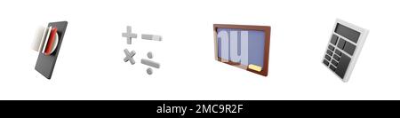 3D-Renderbuch, mathematische Operationen, Tafel, Symbolsatz des Rechners auf weißem Hintergrund. 3D-Renderbuch, mathematische Operationen, Tafel, Rechner i Stockfoto