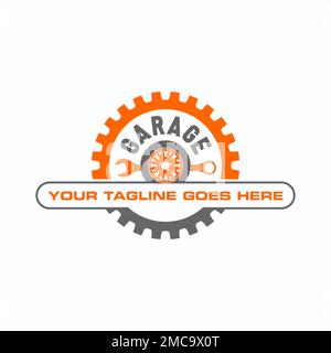 Simple Gear- oder Ersatzteil, Schraubenschlüssel und Reifensymbol Logo Design abstraktes Konzept Vektormaterial. Symbol für Transport oder Mechaniker Stock Vektor