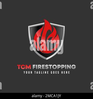 Buchstabe oder Wort TCM-Schriftart wie Feuer- oder Flammenschutz in Wächtern oder Abschirmung Grafiksymbol Logo Design abstraktes Konzept Vektor Feuerschutz oder Schutz. Stock Vektor