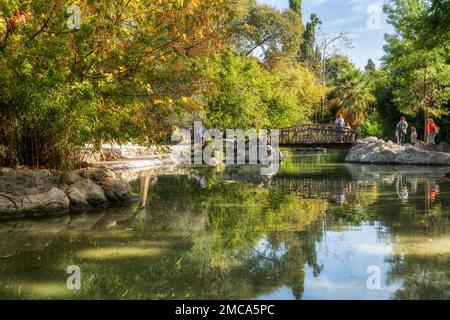 Athen, Griechenland: Der künstliche See mit der hölzernen Brücke am Nationalgarten von Athen, einem öffentlichen Park im Zentrum von Athen Stockfoto