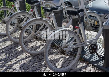 Räder geparkter Fahrräder auf dem Fahrradverleih-Parkplatz. Fahrradverleih. Der Fahrradverleih ist günstig. Fahrradparkplatz. Gemeinsame Form der Öffentlichkeit Stockfoto