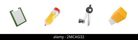 3D Notizbuch, Bleistift, Kompasse, Radierer-Symbol auf weißem Hintergrund rendern. 3D-Rendering-Notizbuch, Bleistift, Kompasse, Radierer-Symbolsatz. Stockfoto