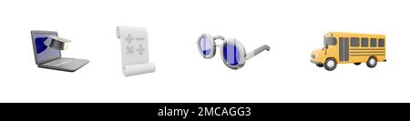 3D Rendern Sie Laptop, Papierrolle, Glas und Schulbus auf weißem Hintergrund. 3D-Darstellung von Laptop, Papierrolle, Glas und Schulbus-Symbolset. Stockfoto