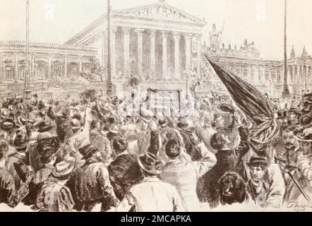 Demonstration in Wien vor dem Parlamentsgebäude. Zeichnung aus 1905. Stockfoto