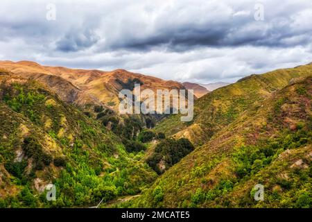 Malerische Hügel- und Bergketten auf der südlichen Insel Otago von Neuseeland - Arrow River Creek und Tal. Stockfoto