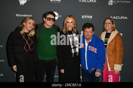 Sam Michael Fox. Schuyler Frances Fox, Aquinnah Kathleen Fox, Tracy Pollan und Michael J Fox besuchen am 20. Januar 2023 im Eccles Center Theatre in Park City, Utah, das Sundance Film Festival 2023 „STILL“. Foto: Casey Flanigan/imageSPACE/MediaPunch Stockfoto