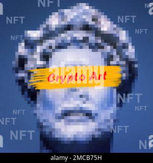 NFT-Token und Krypto-Kunst, Marmorstatue in digitaler Galerie. NFT ist eine beliebte, nicht fungifizierbare Kryptowährung. Blockchain-Konzept, Marktplatz, Meisterpiec Stockfoto