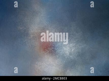 Abstrakte Kunsttextur mit blaugrauem Hintergrund und roten und weißen Farbflecken mit rauer Oberfläche Stockfoto