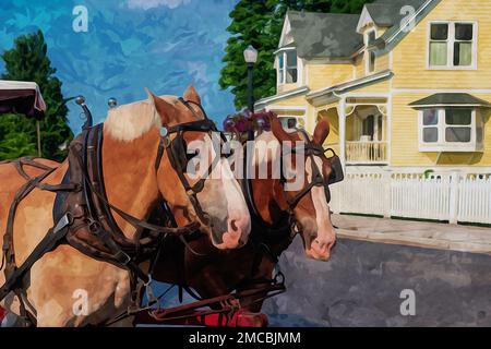 Digital erstelltes Aquarellgemälde von Pferdepaaren, die eine Kutsche auf Mackinaw Island ziehen Stockfoto