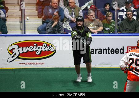 20. Januar 2023: Rochester Knighthawks Forward Austin Hasen (18) schafft im dritten Quartal einen Pass gegen die Buffalo Bandits. Die Rochester Knighthawks waren Gastgeber der Buffalo Bandits bei einem Spiel der National Lacrosse League in der Blue Cross Arena in Rochester, New York. (Jonathan Tenca/CSM) Stockfoto