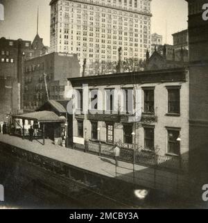 Rector Street Station, New York City Geschichte, Old Elevated Train, Financial District, Empire Building um 1900er, Trinity Court, Wall Street Historic District um die Jahrhundertwende, Stockfoto