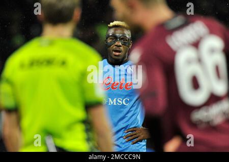 Salerno, Italien. 21. Januar 2023. Victor Osimhen, Spieler von Neapel, während des Spiels der italienischen Serie A zwischen Salernitana und Neapel Endergebnis, Salernitana 0, Neapel 2, gespielt im Arechi-Stadion. Salerno, Italien, 21. Januar 2023. (Foto: Vincenzo Izzo/Sipa USA) Guthaben: SIPA USA/Alamy Live News Stockfoto
