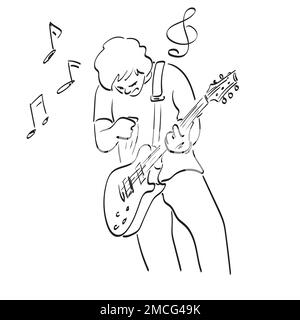 Männlicher Schaukelsitz mit elektrischer Gitarre Illustration Vektor von Hand gezeichnet, isoliert auf weißer Hintergrundlinienkunst. Stock Vektor
