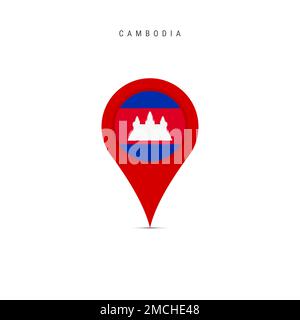 Tropfenmarkierung mit kambodschanischer Flagge. Kambodschanische Flagge in der Positionskarte eingefügt. Flache Darstellung isoliert auf weißem Hintergrund. Stockfoto