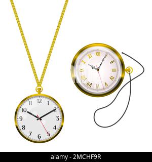 Goldene Uhr an Kette und Schnur. Römische Zahlen, arabische Zahlen. Realistische 3D-Darstellung isoliert auf weißem Hintergrund. Stockfoto