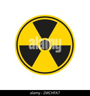 Radioaktives Gefahrenschild. Gelbes kreisförmiges Symbol für nichtionisierende Strahlung. Warnschild mit Trefoil-Symbol innen. Flache Darstellung isoliert auf w Stockfoto