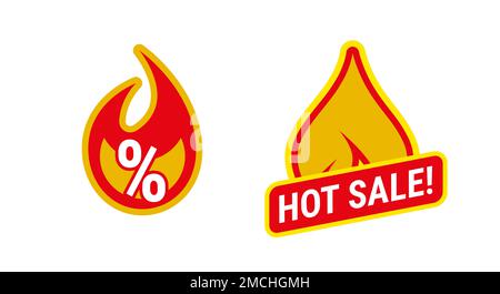 Zwei Vorlagen für „Hot Sale“-Embleme. Flammensymbole. Flache Darstellung isoliert auf weißem Hintergrund. Stockfoto