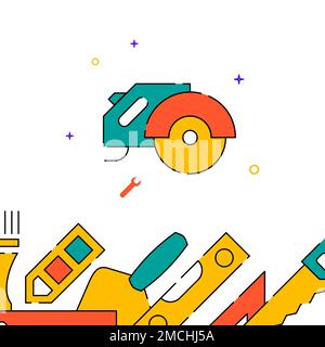 Ein Symbol für eine gefüllte Linie eines Kreissägenwerkzeugs, einfache Illustration, zugehöriger unterer Rand. Stockfoto