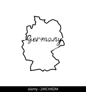 Deutschland skizzieren Karte mit dem handschriftlichen Ländernamen. Kontinuierliche Linienzeichnung des patriotischen Heimatzeichens. Eine Liebe für eine kleine Heimat. Idee mit T-Shirt-Druck Stockfoto