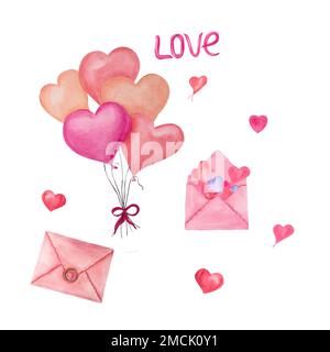 Wasserfarbener rosafarbener Umschlag, Ballons, Herzen isoliert auf weißem Hintergrund. Für „Save the Date“-, Valentinstag-, Geburtstags-, Hochzeiten- und Muttertagskarten Stockfoto