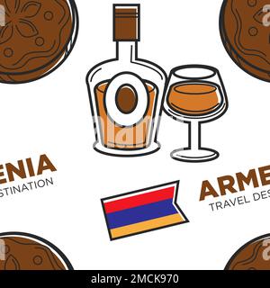 Alkohol Getränk Armenien Reiseziel traditionelles Getränk nahtloses Muster Vektor Cognac oder armenischer Wodka Artsach und Gebäck oder Brötchen Nationalflagge Stock Vektor