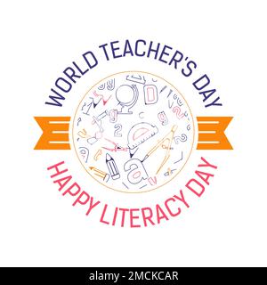 Alphabetisierungs- und Lehrertag Literaturfeiertag isolierte Vektorsymbol-Globus und Schreibwaren Blumen Zweige Lesen und Schreiben Wissen und Bildung wis Stock Vektor