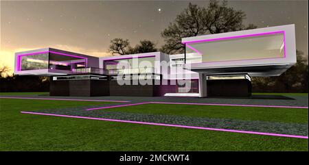 Rosafarbener Rand des Granitpfads auf der Wiese vor dem eleganten, modern beleuchteten Haus. 3D-Rendering. Stockfoto