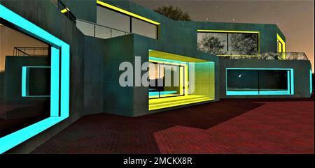 Gelb leuchtender Eingang des gehobenen Club Hotels mit Beton in der Nacht. Türkisfarbene beleuchtete Fensterbögen. 3D-Rendering. Stockfoto