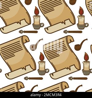 Nahtloses Muster aus Pergament- oder Papyrus-Papier mit Rollen und Kerzen Stock Vektor