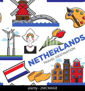 Die nationalen Symbole der Niederlande nahtlose Musterreise nach Holland Stock Vektor