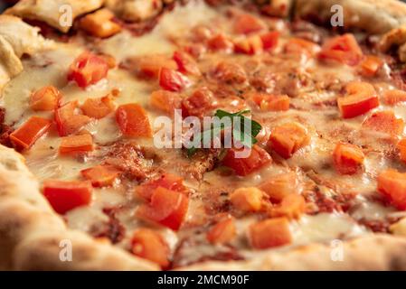 Scharfe indische Pizza aus der Nähe. Indische Pizza auf dunklem Hintergrund mit Blick von oben. Stockfoto