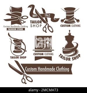 Handgefertigte Kleiderschere, Schaufensterpuppe und Nähwerkzeuge Stock Vektor