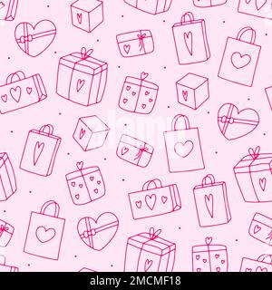 Süßes Doodle Gifts Nahtloses Muster. Handgezeichnete Geschenktasche auf pinkfarbenem Hintergrund. Zeige Überraschungspakete mit Herzen. Feiertag, Valentinstag, Geburtstag Stock Vektor