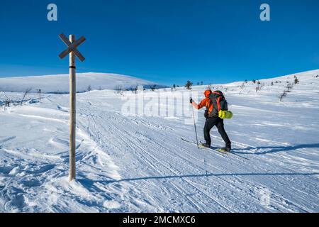 Aufstieg zur offenen Wildnishütte Montellin maja bei Pallastunturi Fell, Muonio, Lappland, Finnland Stockfoto