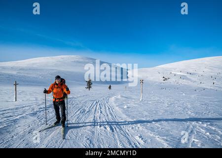 Skitour in der Nähe von Pallastunturi Fell, Montellin maja offene Wildnishütte im Hintergrund, Muonio, Lappland, Finnland Stockfoto