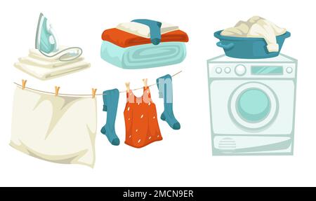 Waschmaschine und Bügeleisen, Wäsche- und Trockenanlage, isolierte Objekte Stock Vektor