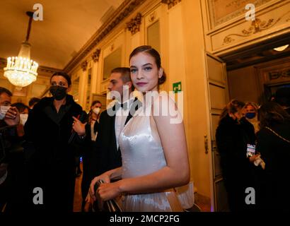 Model Barbara Palvin arrives for the premiere of Verdi's Macbeth at La Scala opera house in Milan, ITA, Tuesday, Dec. 7, 2021. The Macbeth opens the 2021/2021 lyric season of one of the most storied opera house in the world. (AP Photo/Antonio Calanni)
