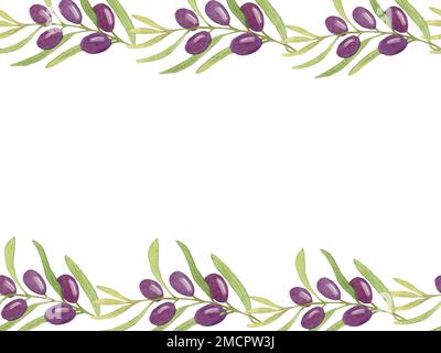 Aquarellkarte mit Zweigen aus schwarzem Olivgrün. Nahtloser Rand. Abbildung handgezeichnet. Olivenbeeren auf einem Ast. Design für Begrüßung, Menü, Postkarte Stockfoto