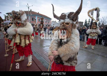 Breznik, Bulgarien - 21. Januar 2023: Maskenfestival in Breznik, Bulgarien. Menschen mit einer Maske namens Kukeri tanzen und treten auf, um das Böse zu erschrecken Stockfoto