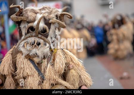 Breznik, Bulgarien - 21. Januar 2023: Maskenfestival in Breznik, Bulgarien. Menschen mit einer Maske namens Kukeri tanzen und treten auf, um das Böse zu erschrecken Stockfoto