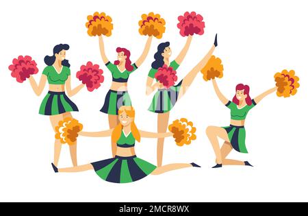 Cheerleader in Uniform mit Pompoms, die das Sportteam aufmuntern Stock Vektor