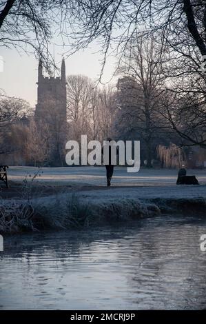 Bourne, Lincolnshire, 22. Januar 2023. Wetter im Vereinigten Königreich: 22. Januar 2023. Eine Frau, die an einem Wintermorgen in der Marktstadt Lincolnshire in Bourne, England, Großbritannien, durch die frostigen Brunnengärten spaziert. Jonathan Clarke/Alamy Live News Stockfoto