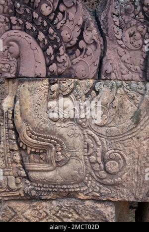 Neue und alte Elefantenschnitzereien, Banteay Srei, Angkor Complex, Siem Riep, Kambodscha Stockfoto