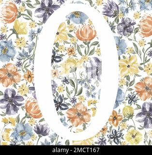 Wildblumenzahl, Blumenkliratur, Watercolor Meadow Flowers Zero Number, Kräuter Clip Art, Schriftzug, Blumenzeichnung, Hochzeitseinladungen Stockfoto