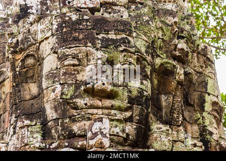 Alte Steingesichter des Bayon Tempels, Angkor, Siem Reap, Kambodscha Stockfoto
