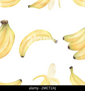 Aquarell Bananenmuster, Papier mit tropischen Früchten, Druck mit exotischen Speisen, biologisches, botanisches Wiederholungsmuster für Stoffdesign Stockfoto